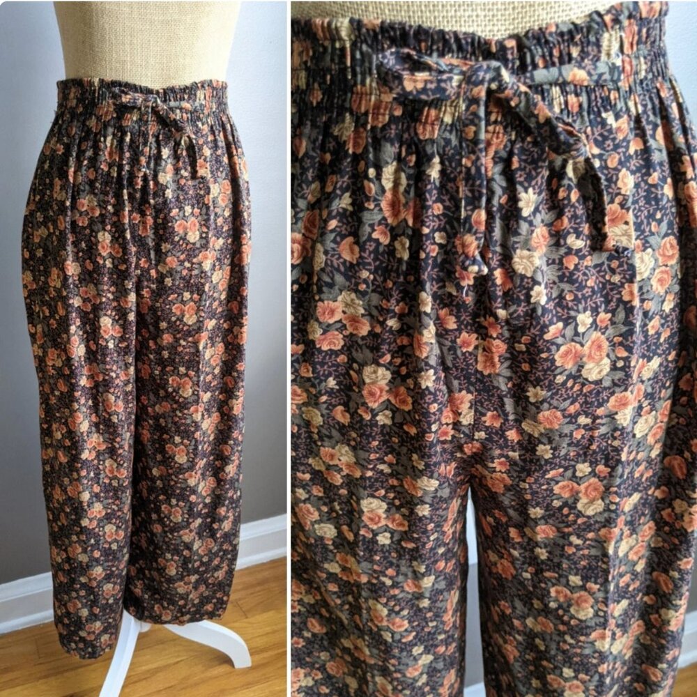 1980's/90's earthy wide leg floral capri pants - M